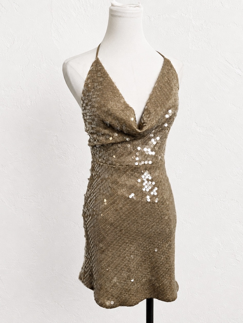Dynamite Gold Sequin Cowl Neck Mini Dress XXS Ibiza Party Fairycore NWT